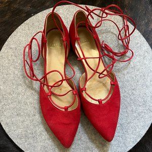 Stuart Weiztman Red Suede D'Orsay Lace-up Ballet Flats